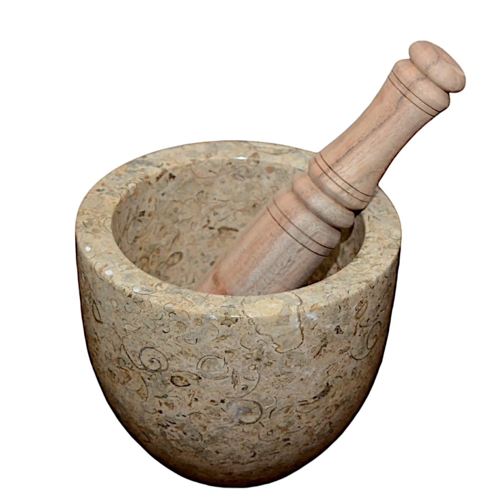 mortaio-marmo-marrone-fossile-pestello-legno-cosebelleantichemoderne