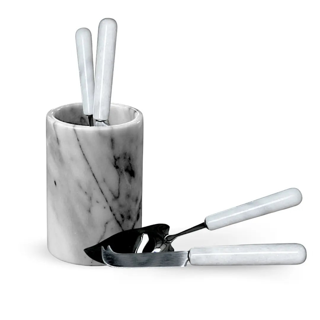 Idea regalo per la tua casa. Composto da Vaso Portautensili. Paletta per Scaglie di Grana, Coltello da Formaggio in marmo bianco di Carrara