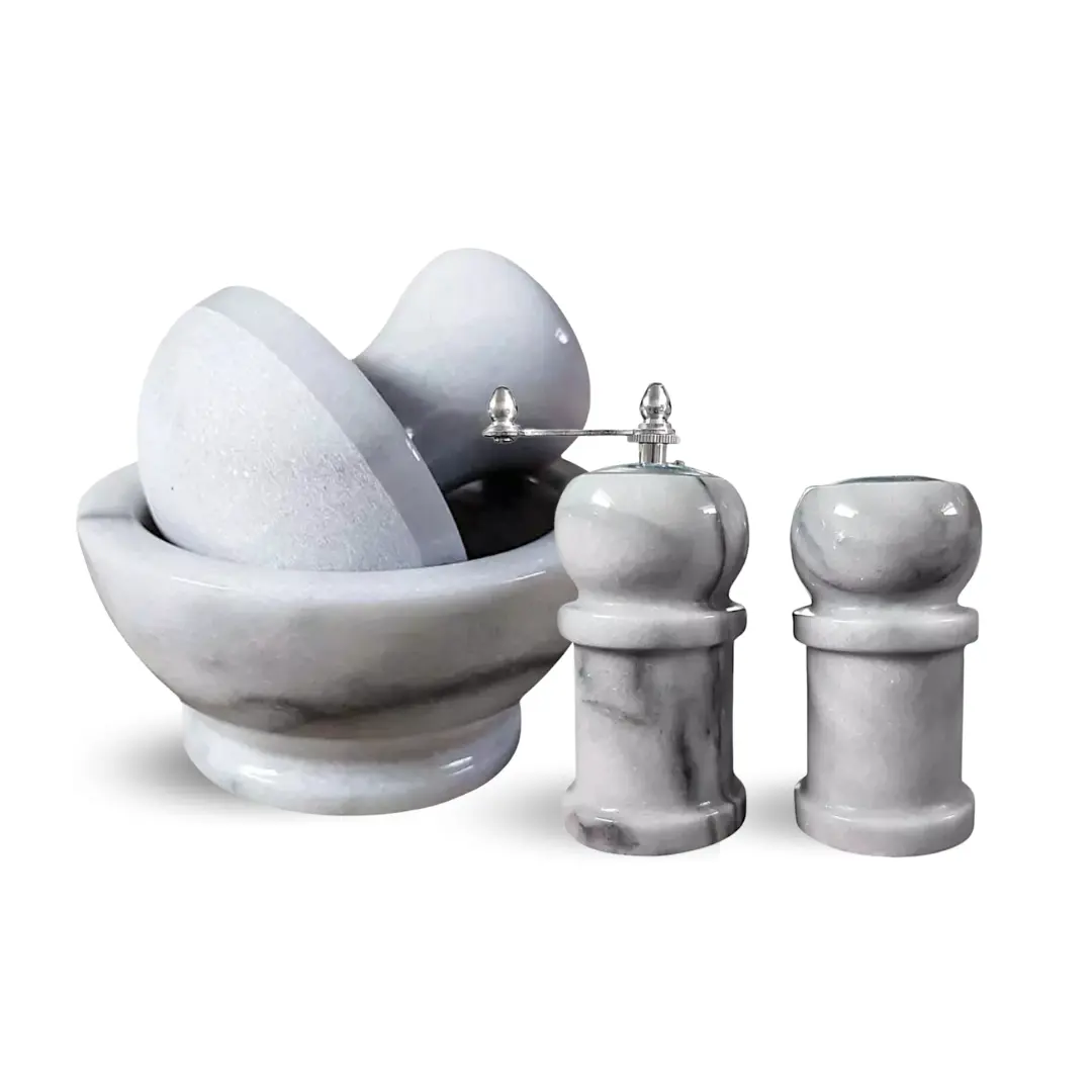 Set Essenze di Marmo in Marmo Bianco Macina pepepe e mortaio in marmo bianco