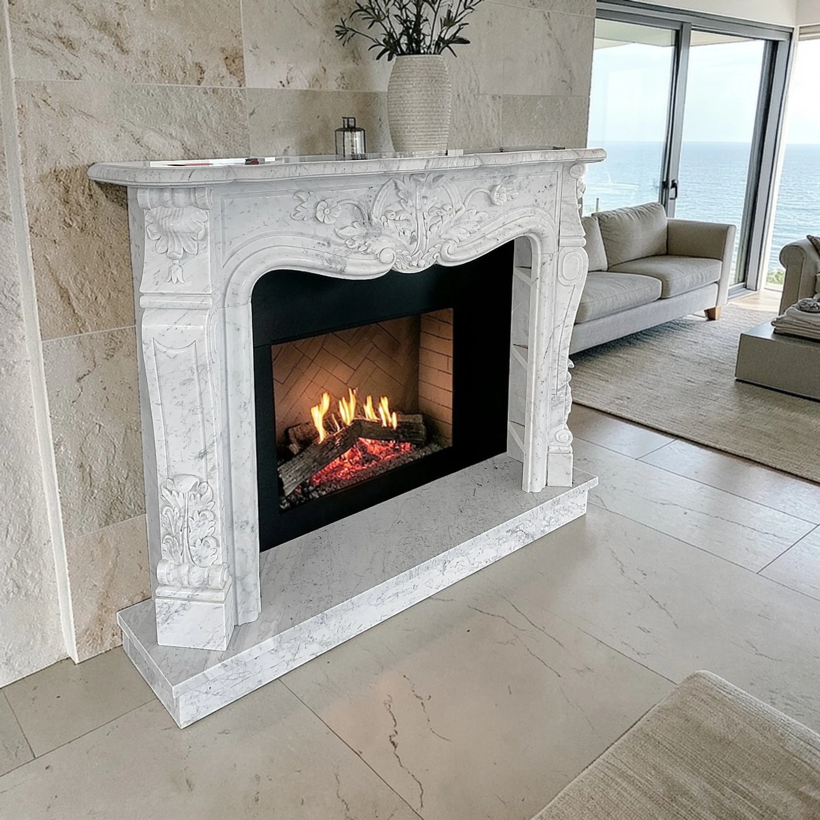 Alternative view of Camino Scolpito in Marmo Bianco Carrara L 150cm