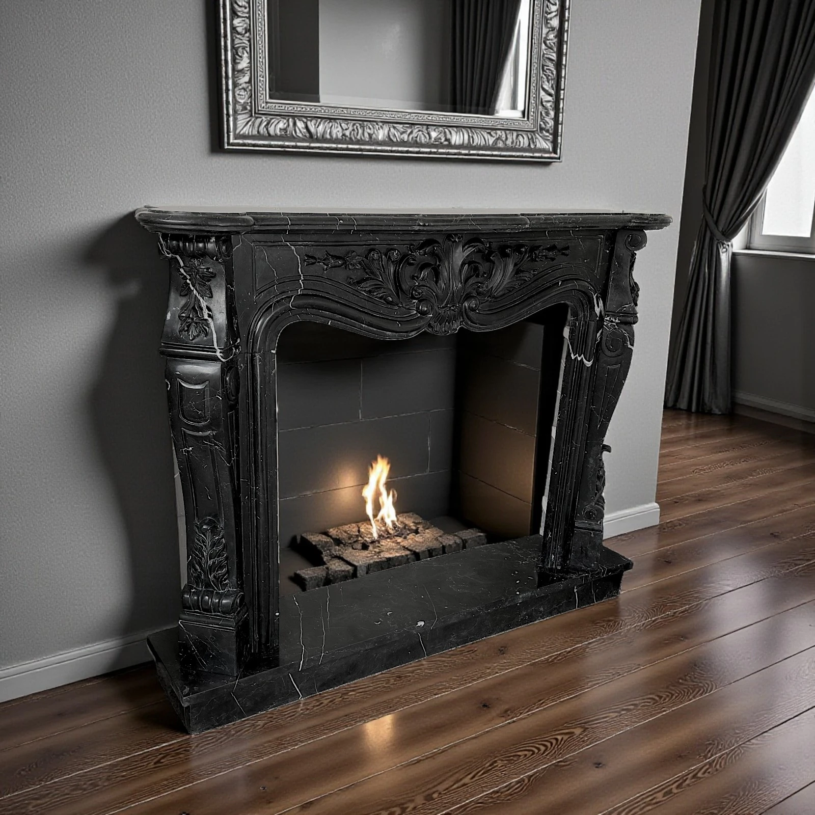 camino-marmo-nero-marquinia-decorato-cosebelleantichemoderne