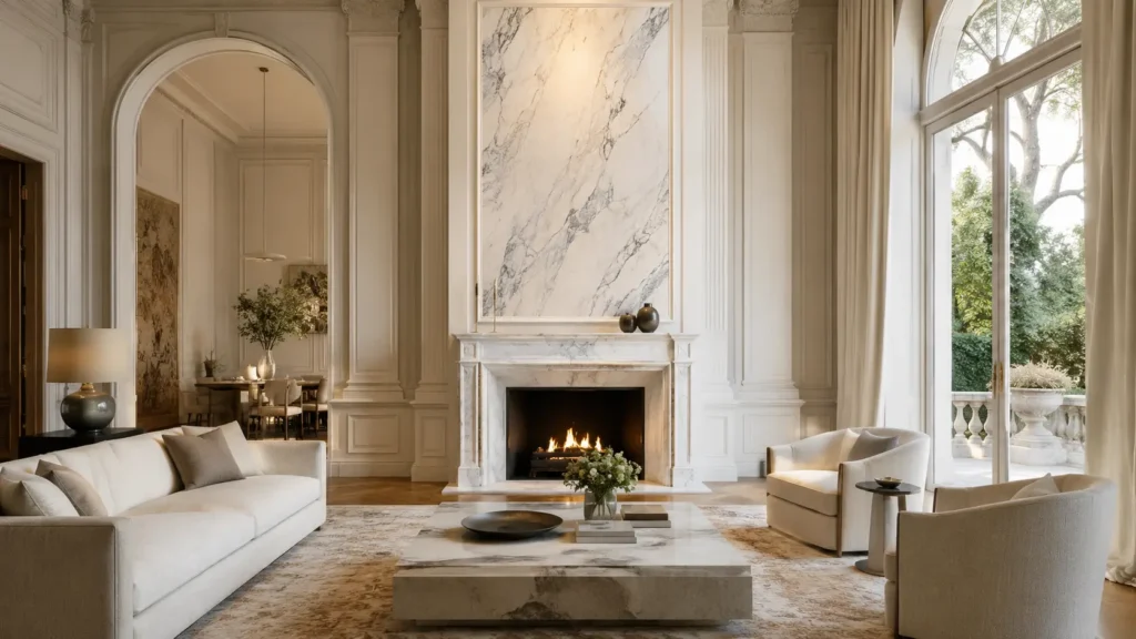 camino-in-marmo-di-carrara-per-salone-elegante-cosebelleantichemoderne