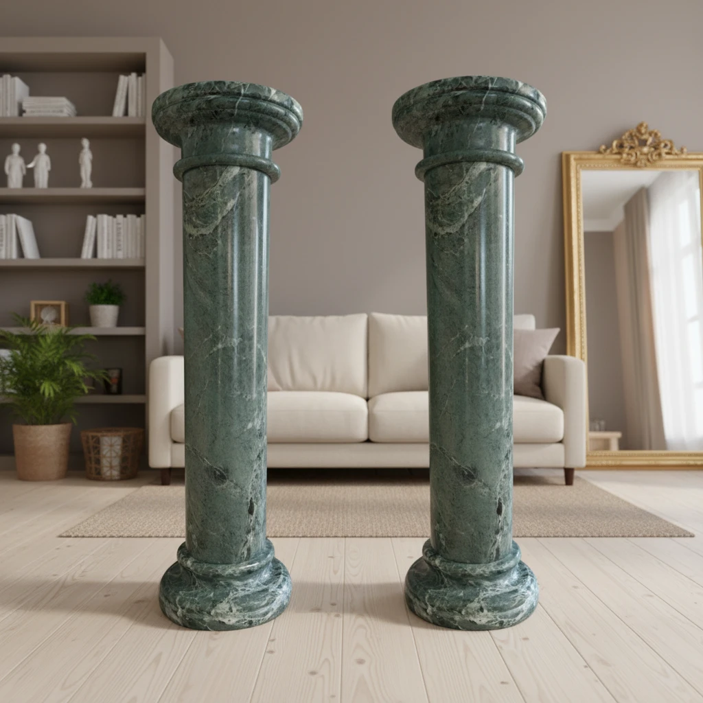 coppia-colonna-verde-alpi-decorativa-salone-marmo-cosebelleantichemoderne